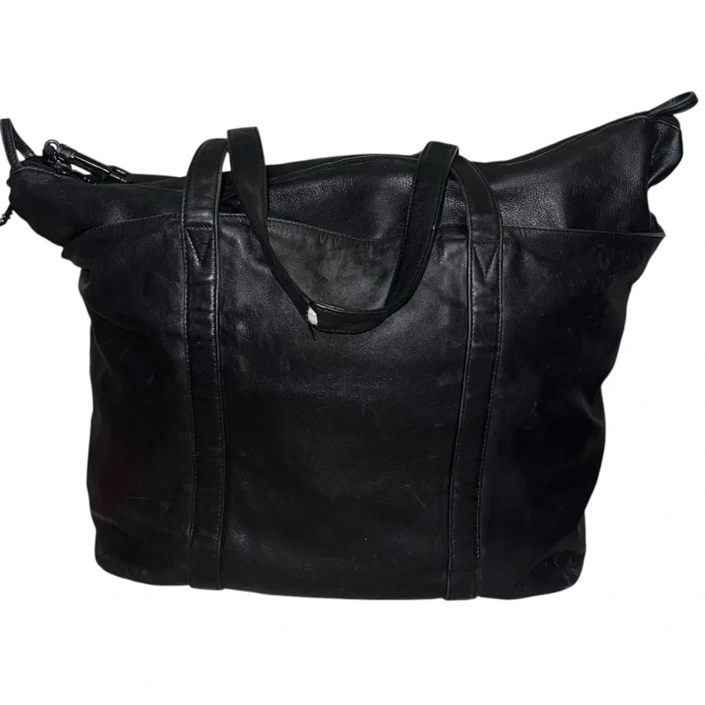 TUMI Black Leather Expandable Weekender Tote Duffel Bag